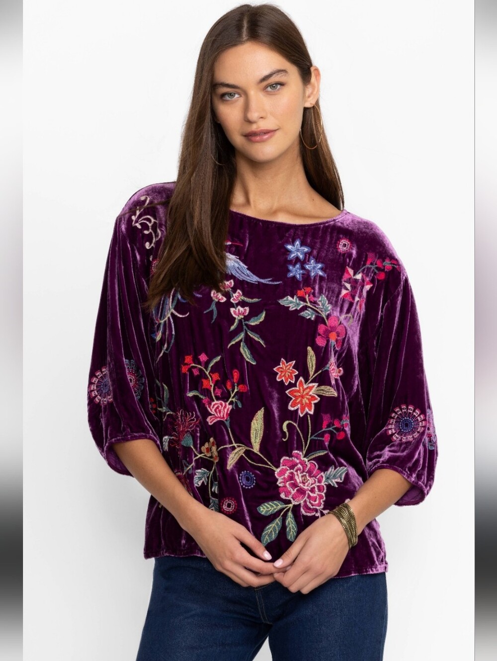 $295 Johnny Was Nikkola Velvet Embroidered Floral Blose Top Size XS